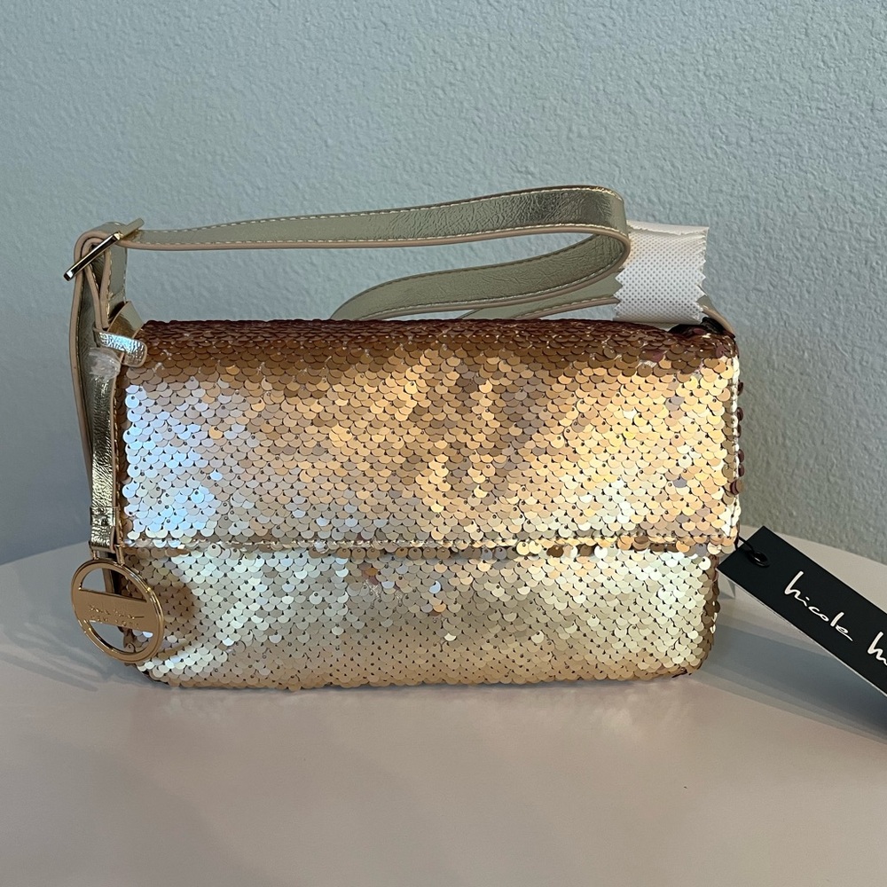 NWT Nicole Miller Gold Sequin Shoulder Bag Metal Logo Purse Strap Luxe